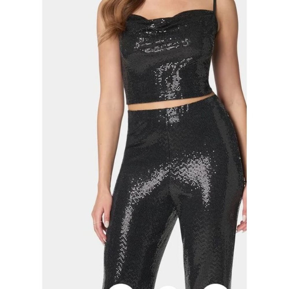 Bebe Black Sequin Two Piece Shimmer Set Medium Made In USA Disco Halter